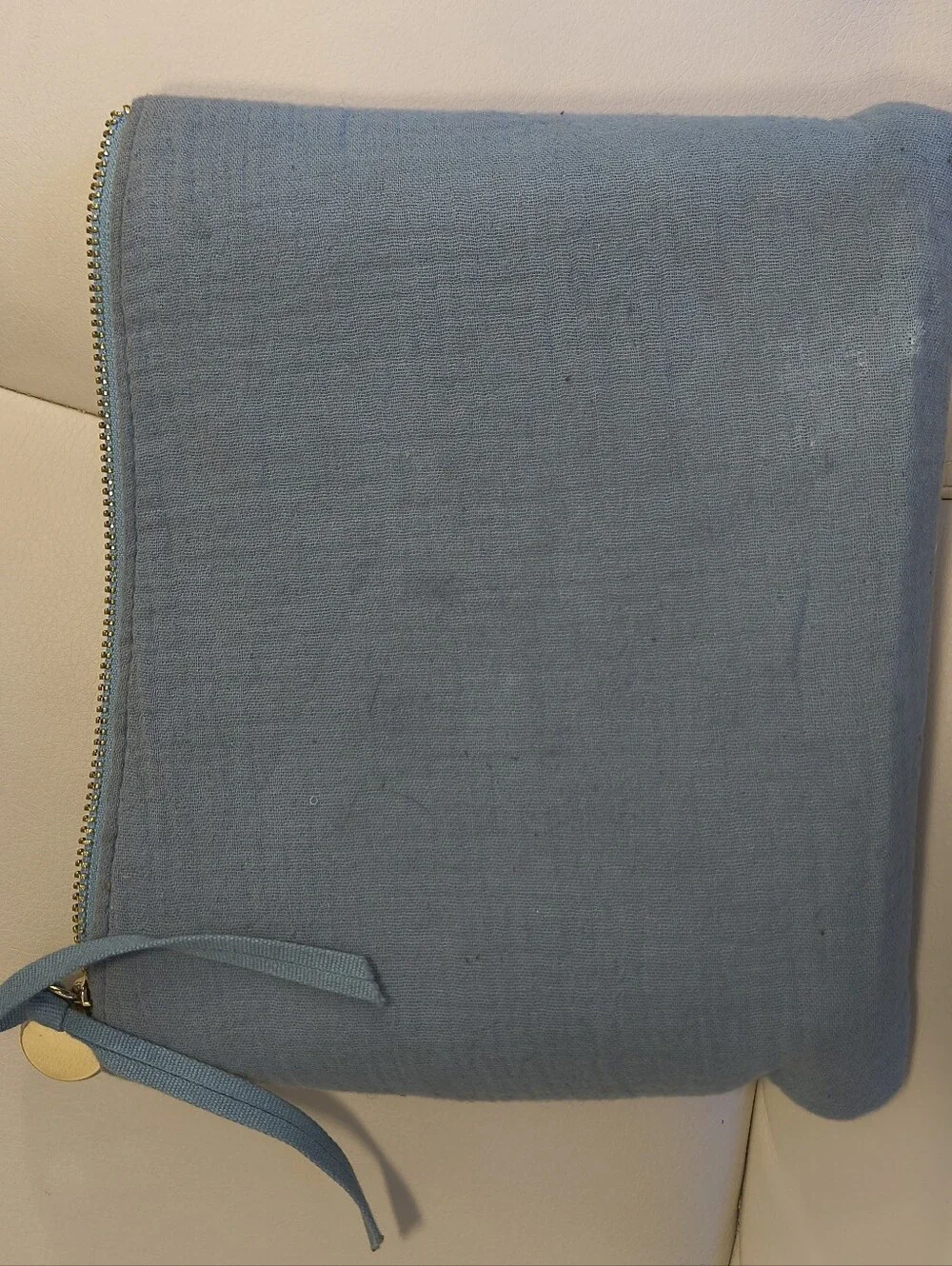 Chloe Parfums Slate Blue Linen Makeup Cosmetic Bag Pouch Gold Logo Zipper